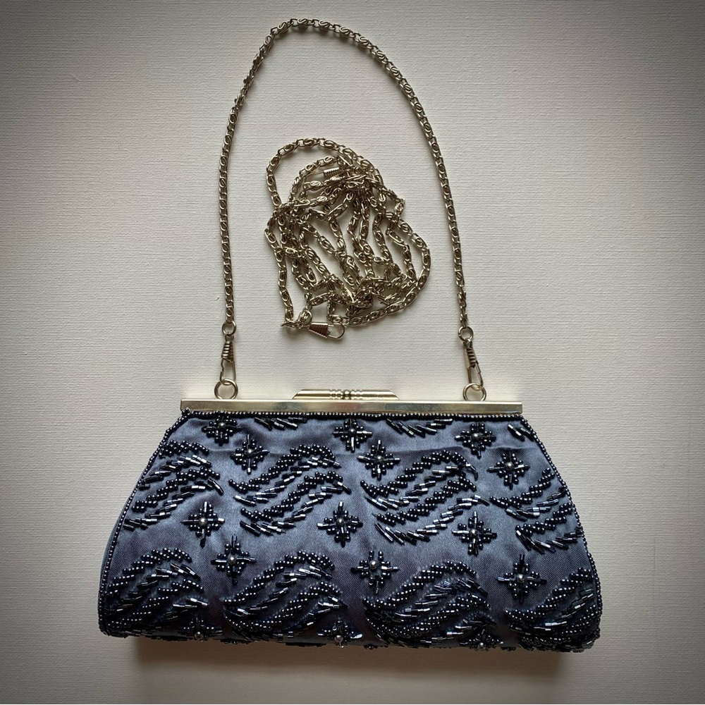 Elegant Denim Blue Beaded Clutch/Handbag/Crossbody Evening bag.